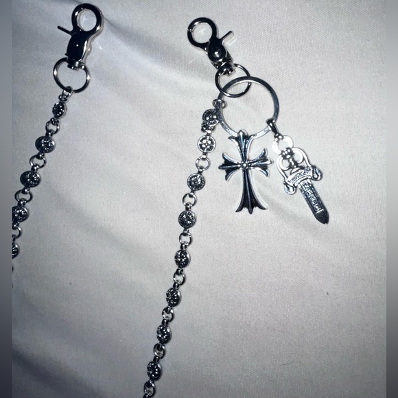 Chrome Hearts CH Silver Cross Ball Wallet Chain / Gothic Cross & Dagger Pendant